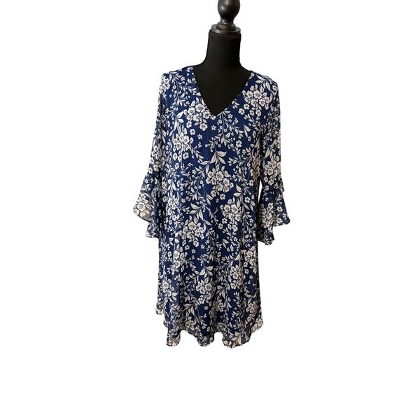 Calvin Klein Dresses & Skirts - Calvin Klein blue floral dress size 10. Bell sleeve, v -neck, flowy, boho chic.